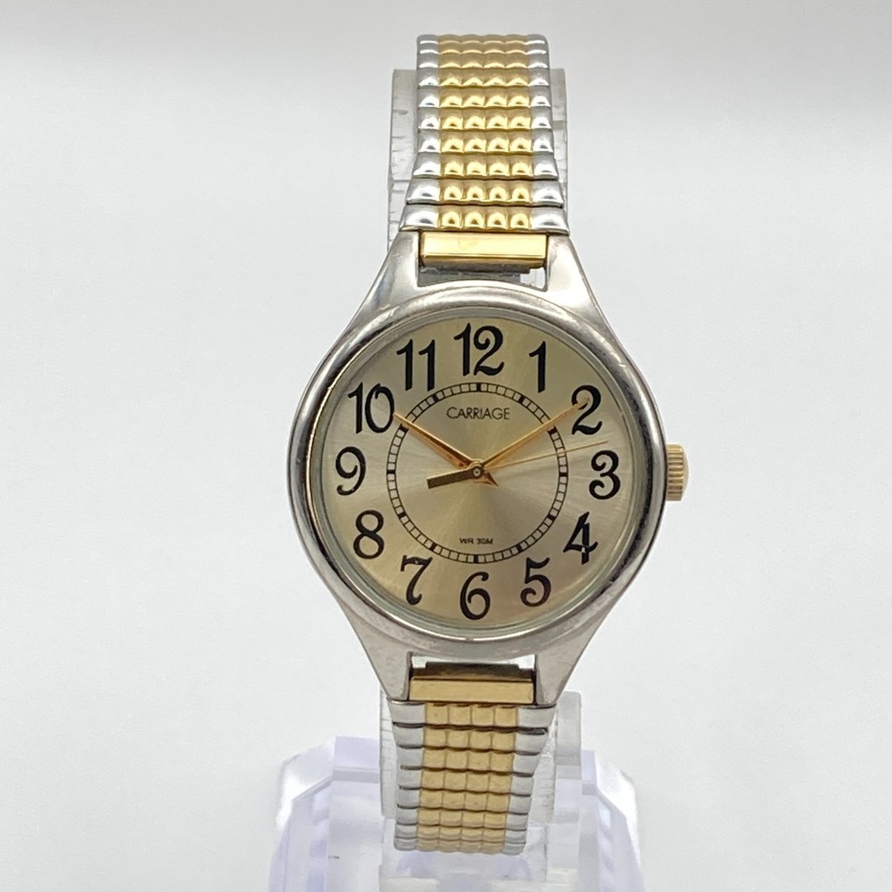 Timex Carriage Women's Watch 30mm Silver Gold Tone Stretch Band New Battery 6.5"